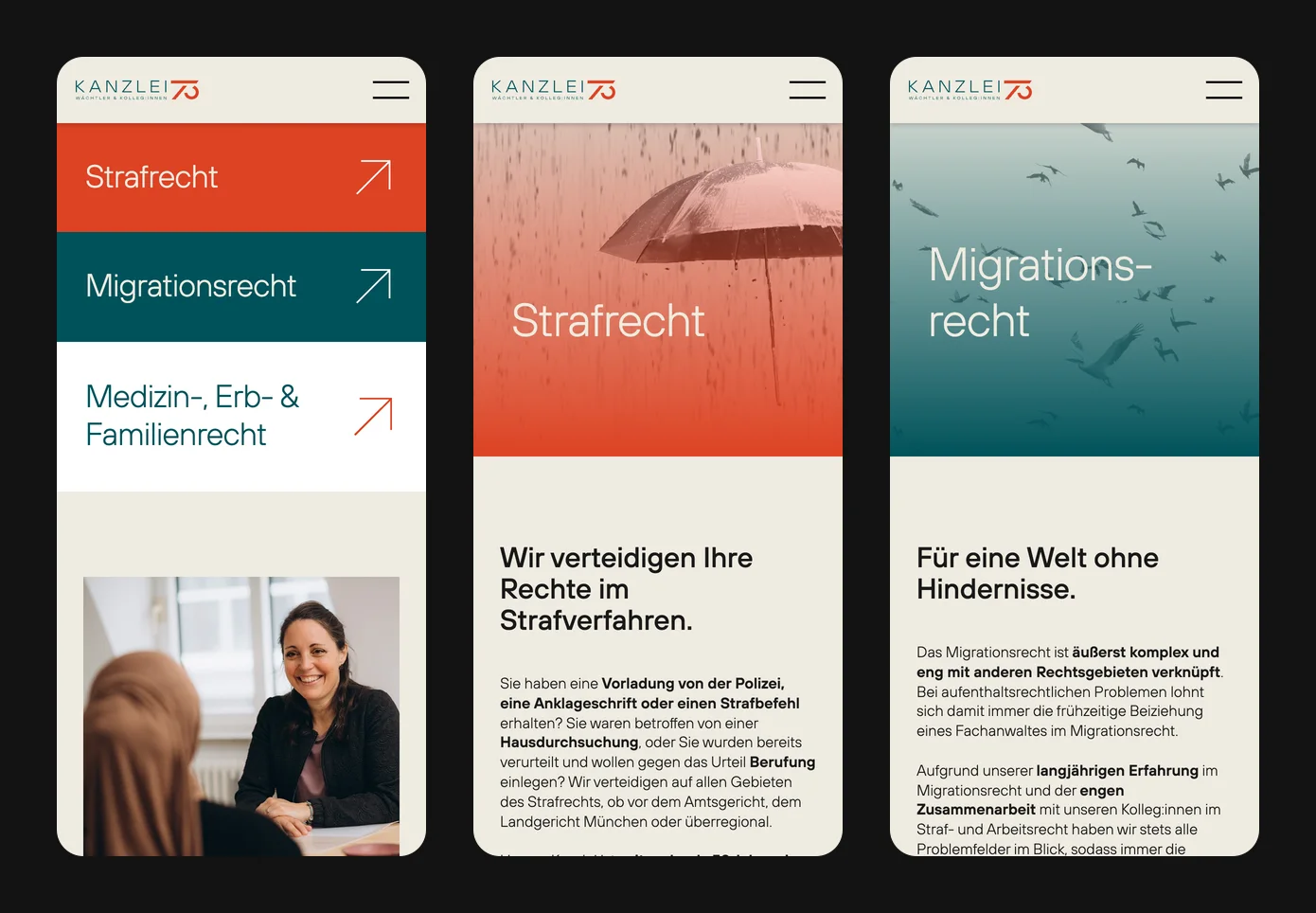 Drei Ansichten von Kanzlei 73 auf dem Smartphone: Startseite, Strafrecht und Migrationsrecht